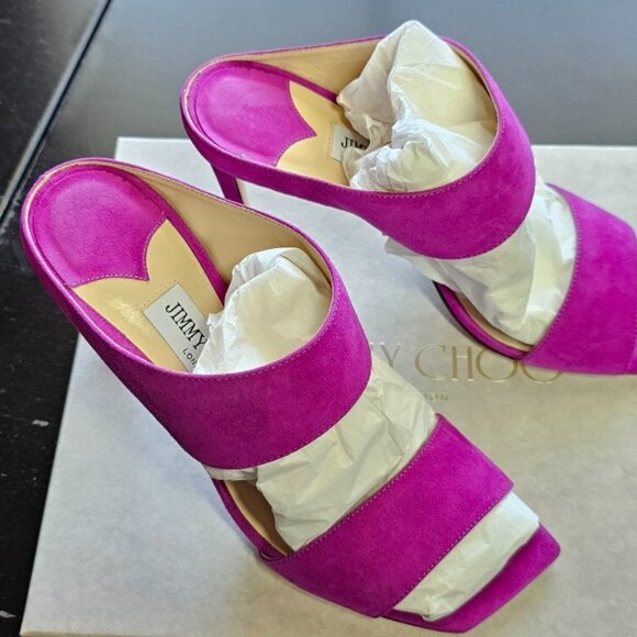 Jimmy Choo Hira Mule Sandals Magenta Suede Square Toe Stiletto Heels - Picture 3 of 16